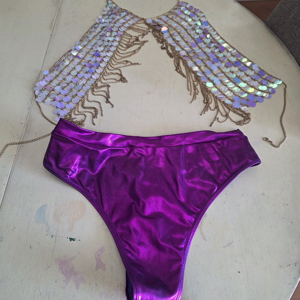 Purple Metallic Bikini Bottom with Sequin Cape